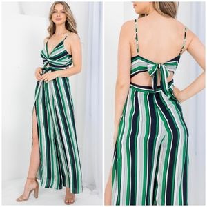 ILLA ILLA Sexy Green Striped Bow Tie Back Slit Straight Leg Jumpsuit